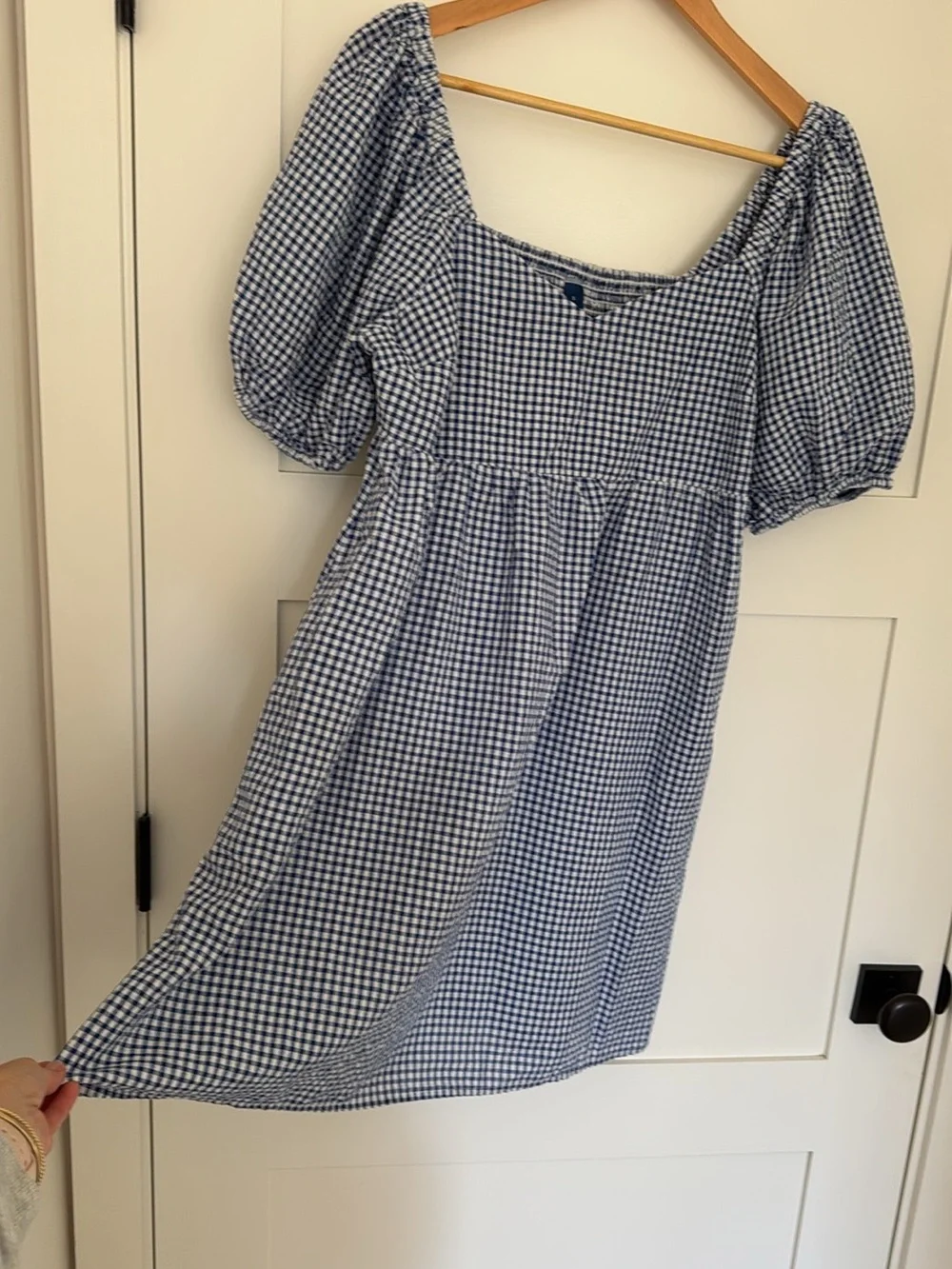 Old Navy Blue Gingham Puff Sleeve Mini Dress Pockets Size S